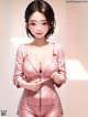 A woman in a pink leather outfit posing for a picture.