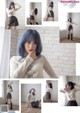 A collage of photos of a woman with blue hair.